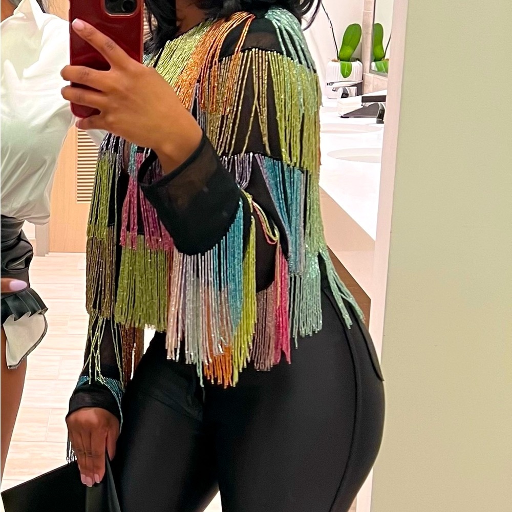 SOLD Beaded Embellished Fringe Shaket Top